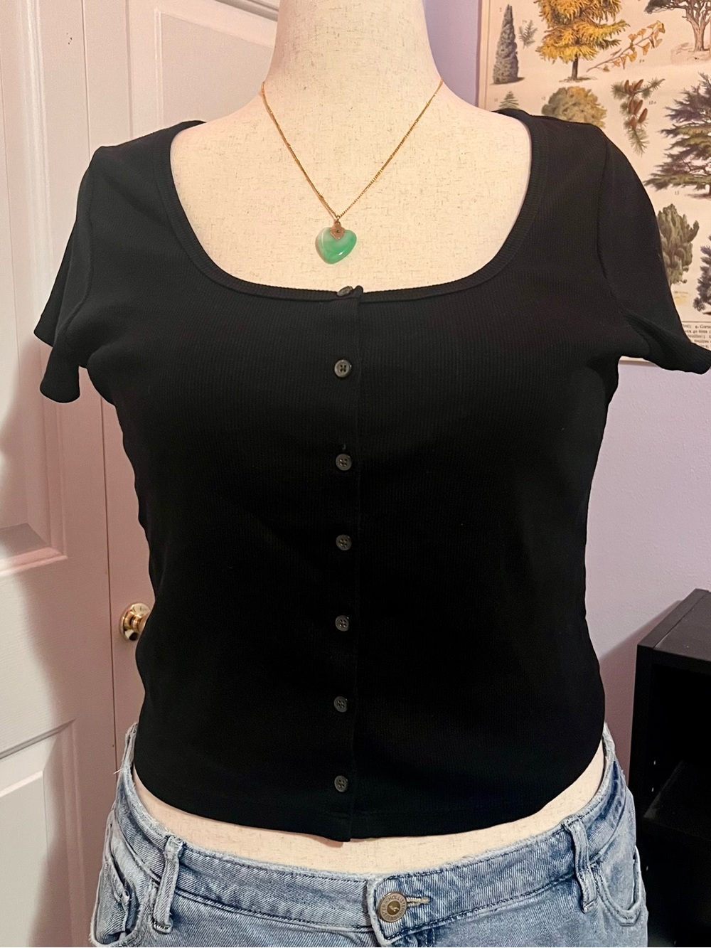 Square-Neck Button-Front Black Ribbed Top